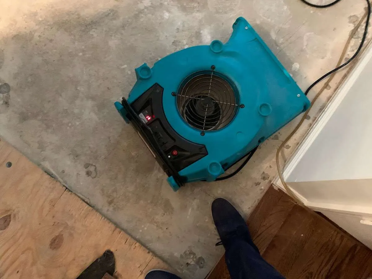Air mover drying subfloor during Leak Detection & Repair in Center